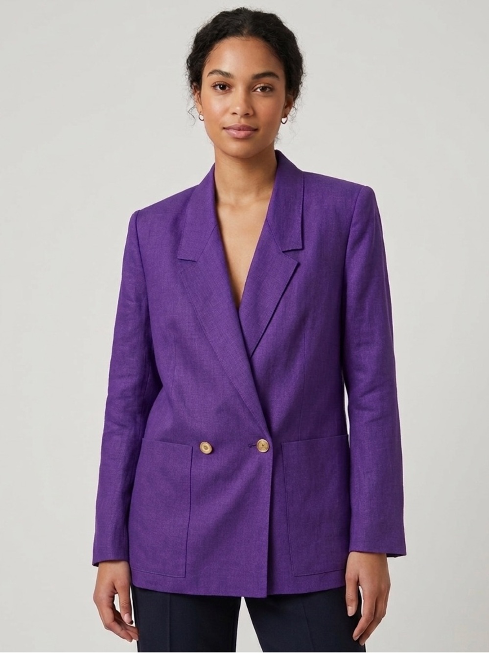 Vintage Linen Blend Double-Breasted Women's Blazer - Purple